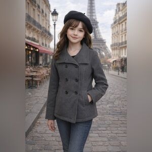 London Fog Girls Pea Coat Gray 14/16 Dress Button-up Double Breasted Warm